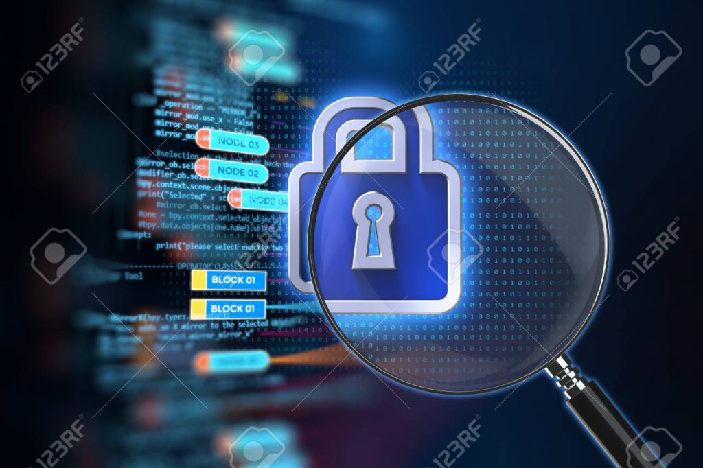 Magnifying glass on Closed Padlock 3d illustration