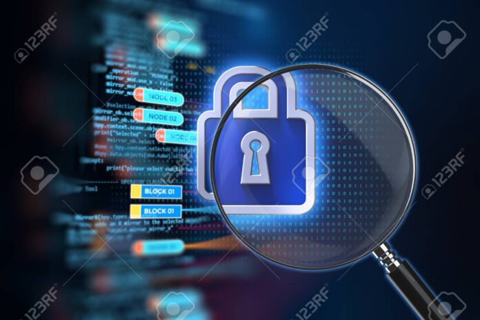 Magnifying glass on Closed Padlock 3d illustration