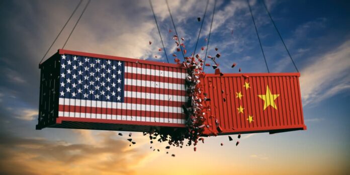 USA-and-China-trade-war.-US-of-America-and-chinese-flags-crashed-containers-on-sky-at-sunset-background.-3d-illustration-Illustration