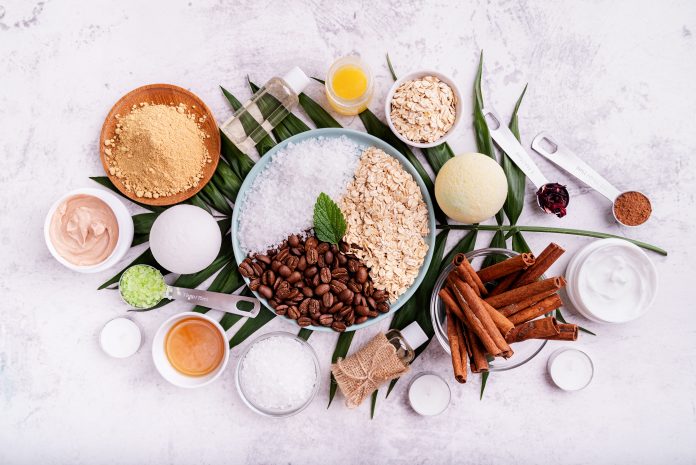 natural cosmetics or spa setting top view flat lay