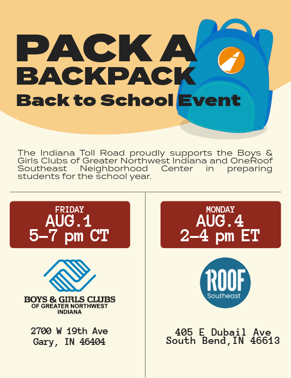 Indiana Toll Road Boosts Back-to-School Spirit With Backpack Drives in Gary and South Bend